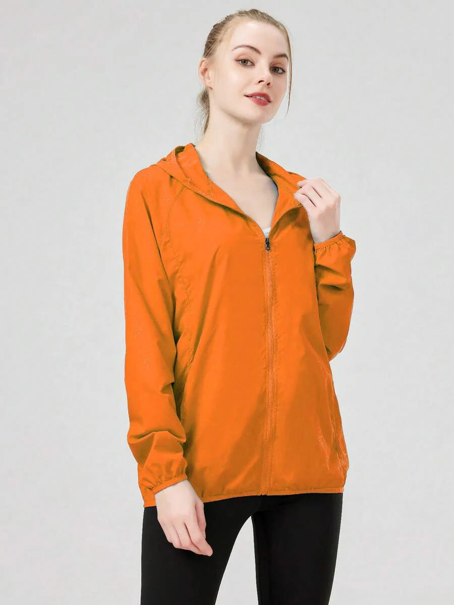1pc Women's Lightweight Waterproof Jacket, Casual Windbreaker, Quick-Dry Sportswear, Black Long Sleeve Athletic Jacket For Women, With Storage Bag