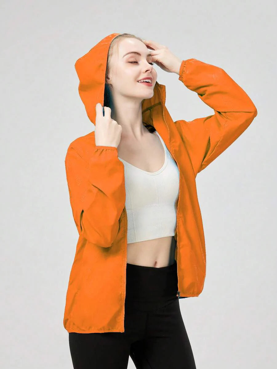 1pc Women's Lightweight Waterproof Jacket, Casual Windbreaker, Quick-Dry Sportswear, Black Long Sleeve Athletic Jacket For Women, With Storage Bag