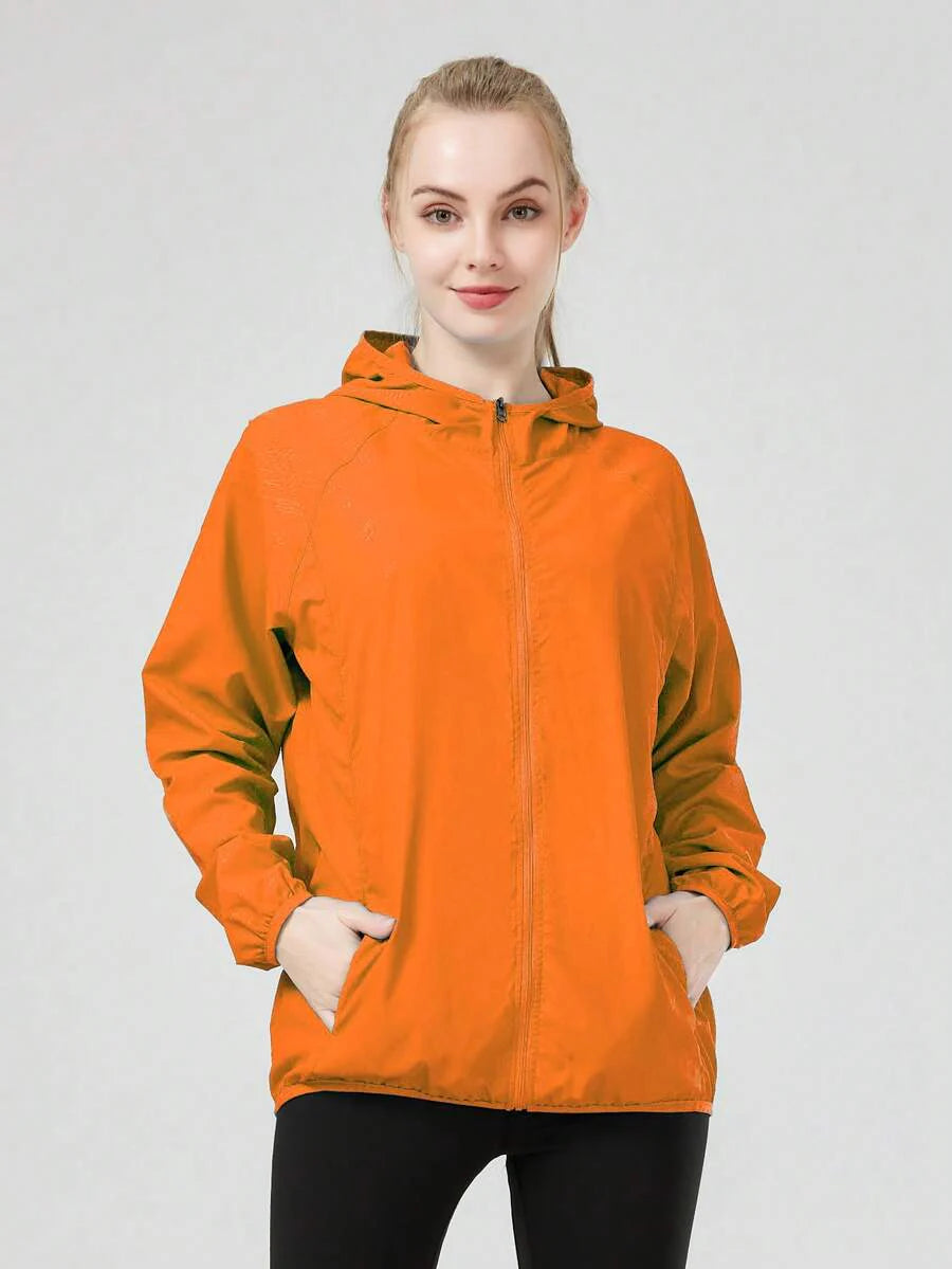 1pc Women's Lightweight Waterproof Jacket, Casual Windbreaker, Quick-Dry Sportswear, Black Long Sleeve Athletic Jacket For Women, With Storage Bag