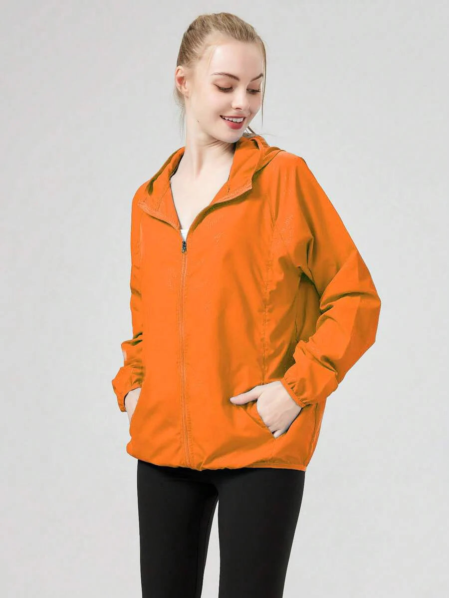 1pc Women's Lightweight Waterproof Jacket, Casual Windbreaker, Quick-Dry Sportswear, Black Long Sleeve Athletic Jacket For Women, With Storage Bag
