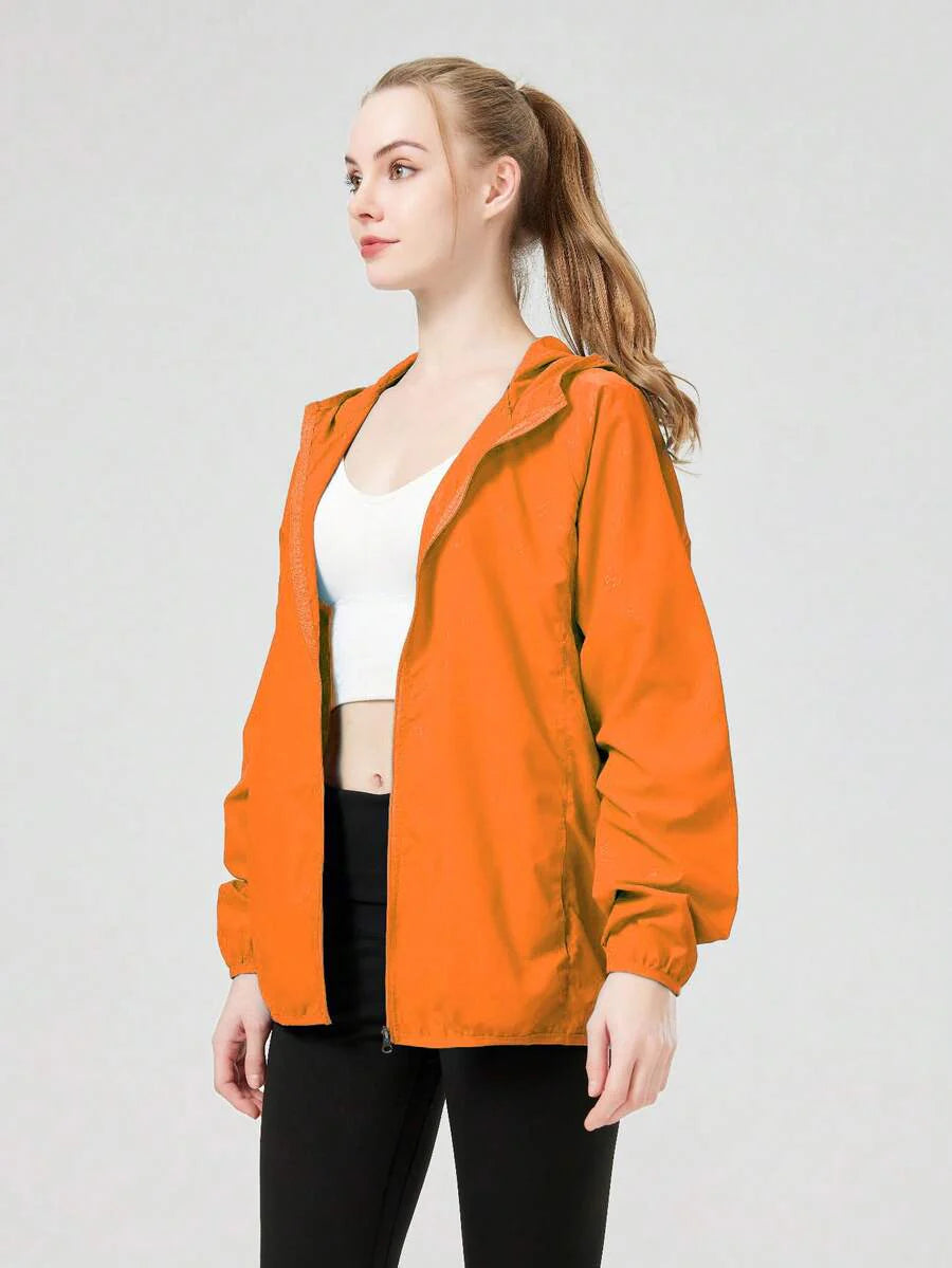 1pc Women's Lightweight Waterproof Jacket, Casual Windbreaker, Quick-Dry Sportswear, Black Long Sleeve Athletic Jacket For Women, With Storage Bag