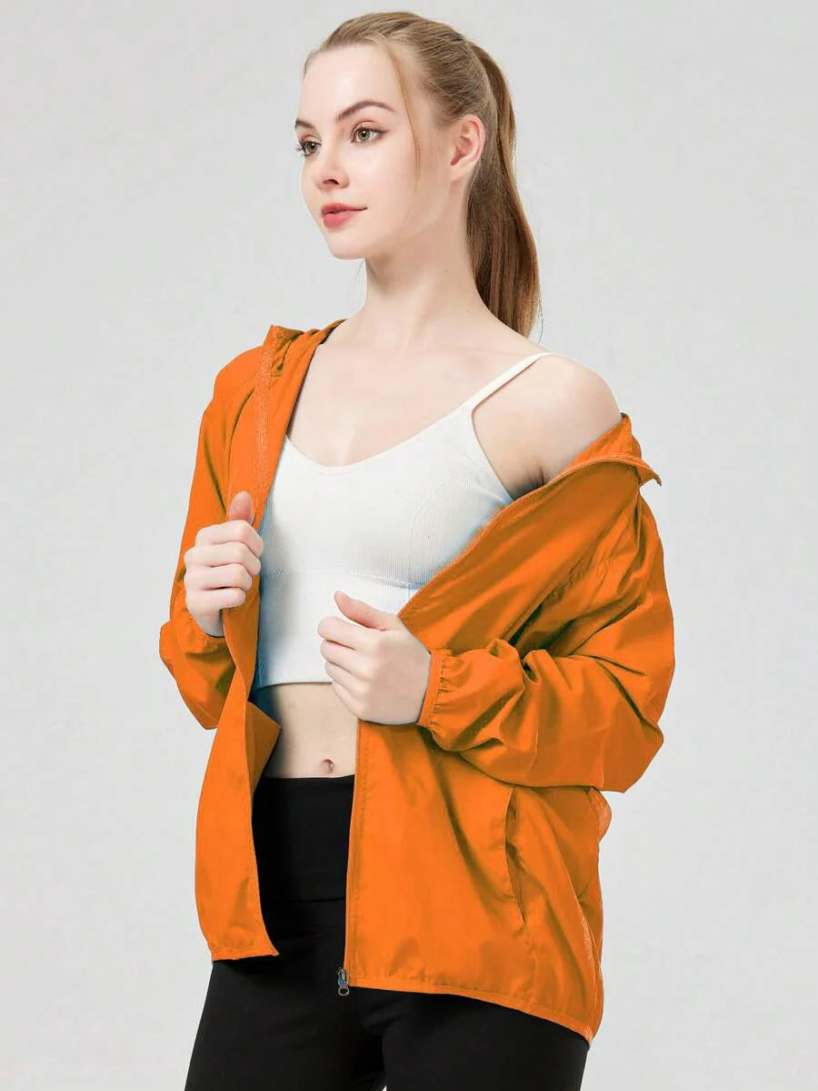 1pc Women's Lightweight Waterproof Jacket, Casual Windbreaker, Quick-Dry Sportswear, Black Long Sleeve Athletic Jacket For Women, With Storage Bag