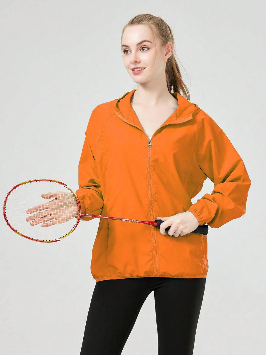 1pc Women's Lightweight Waterproof Jacket, Casual Windbreaker, Quick-Dry Sportswear, Black Long Sleeve Athletic Jacket For Women, With Storage Bag
