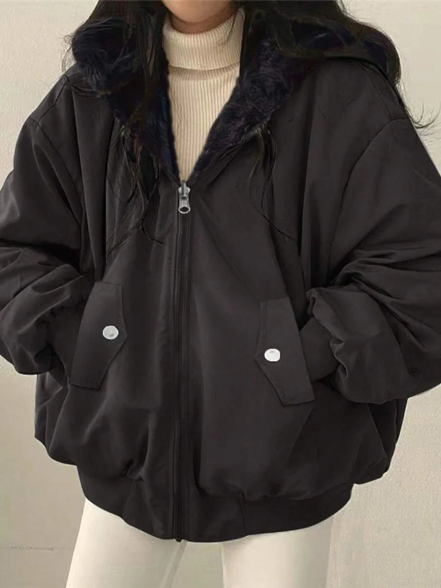 Women's Oversized Hooded Parka With Faux Fur Collar, Slimming Silhouette, Dual-Sided Wear, Daily Street Style, Short Jacket For Autumn/Winter