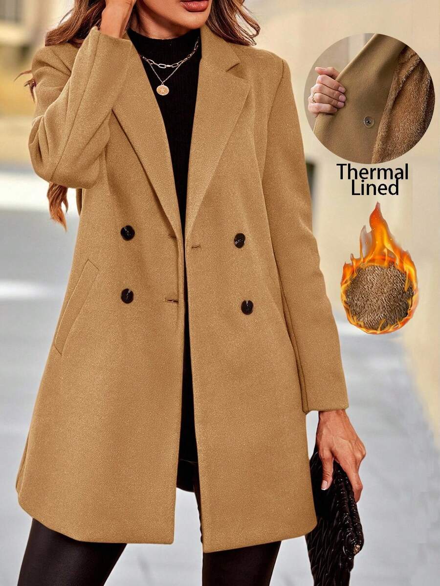 Clasi Women's Solid Color Double-Breasted Long Sleeve Woolen Windbreaker, Fashionable For Autumn/Winter