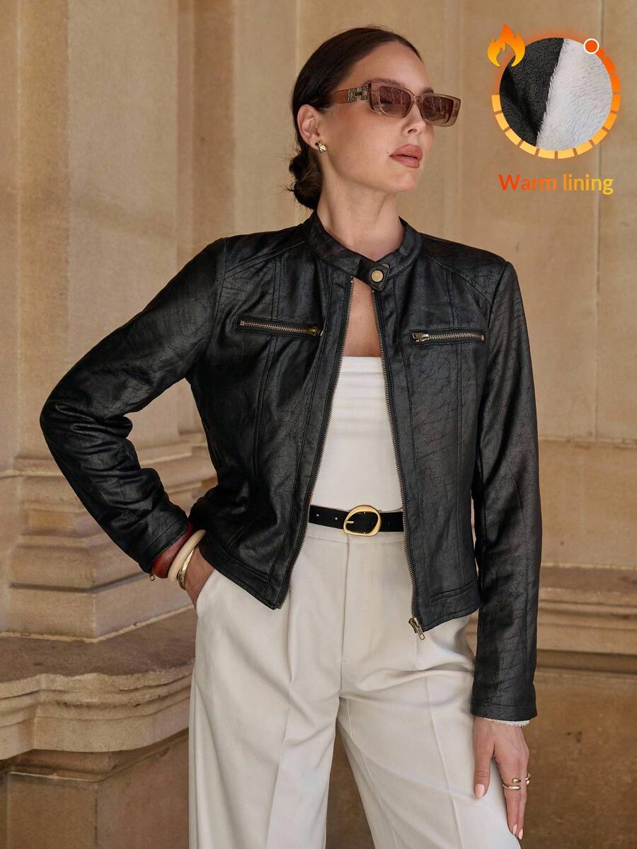 Editum Slim Fit Zip-Up Fleece Jacket With Lining, Black High Collar Casual Street Style Long Sleeve Women's Jacket For Autumn/Winter Black Jacket Women Cropped Jacket Black Crop Jacket Jackets For Women Casual Black Blazer Women,Cozy Fall And Winter Clot