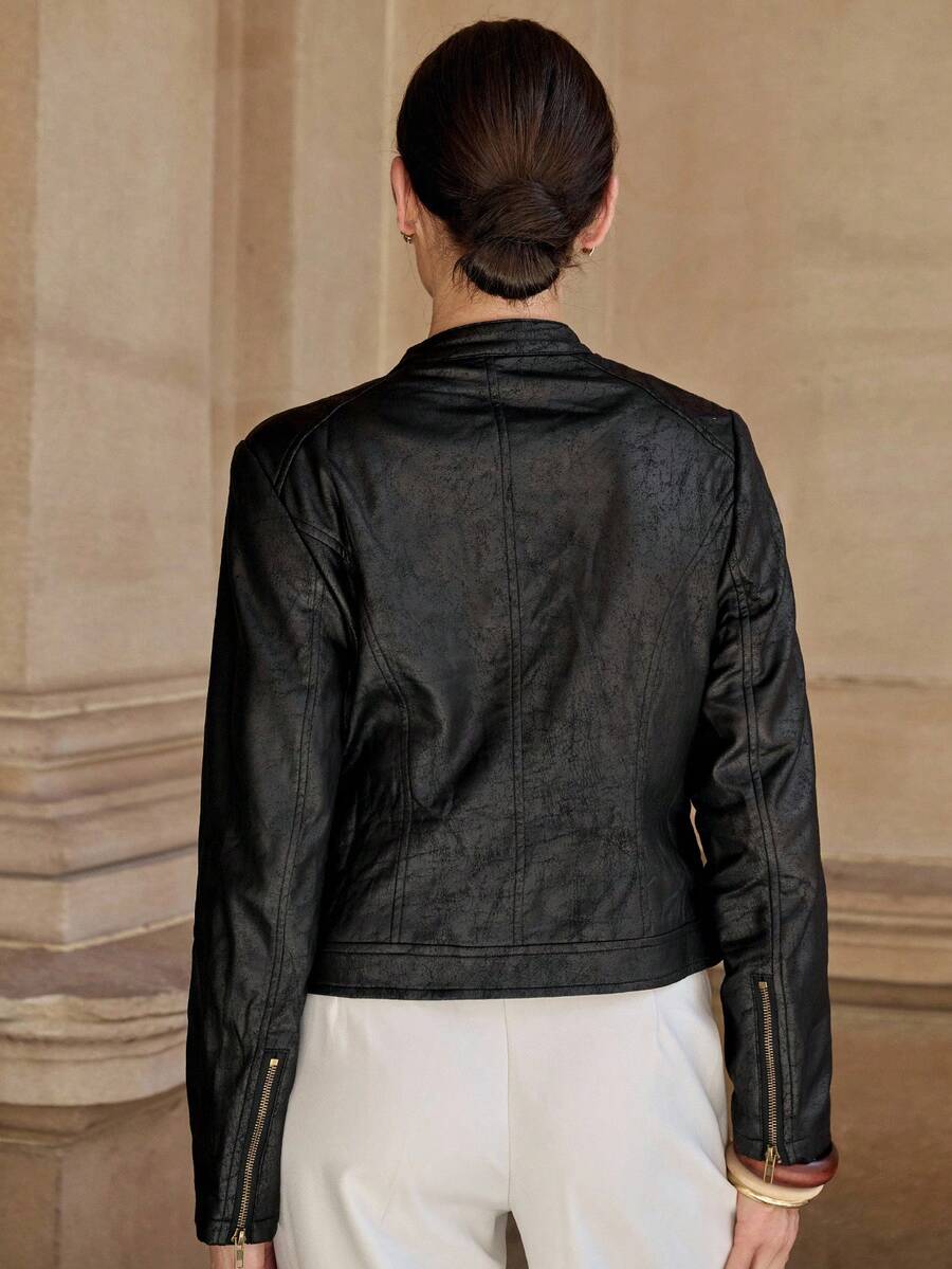 Editum Slim Fit Zip-Up Fleece Jacket With Lining, Black High Collar Casual Street Style Long Sleeve Women's Jacket For Autumn/Winter Black Jacket Women Cropped Jacket Black Crop Jacket Jackets For Women Casual Black Blazer Women,Cozy Fall And Winter Clot