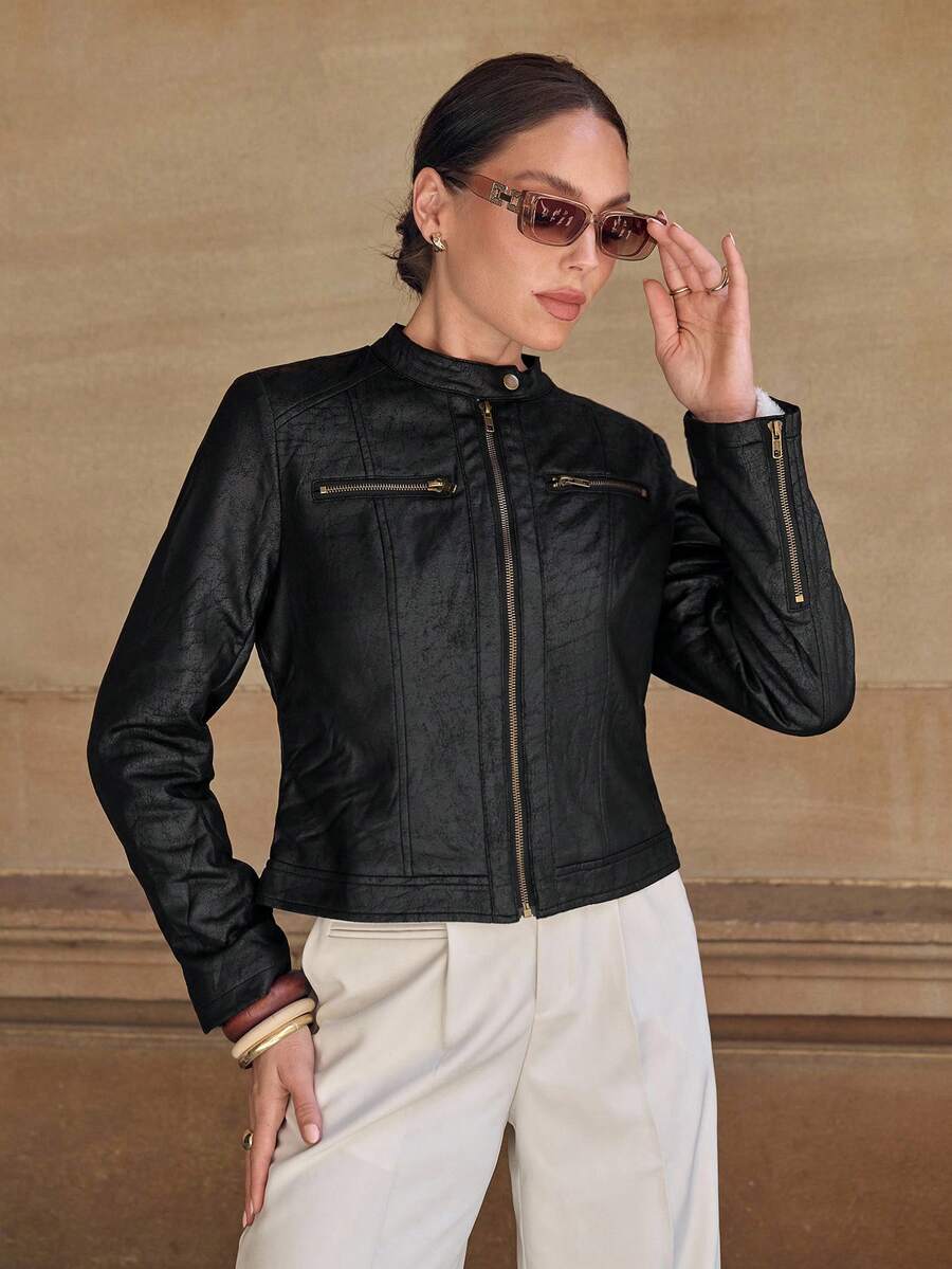 Editum Slim Fit Zip-Up Fleece Jacket With Lining, Black High Collar Casual Street Style Long Sleeve Women's Jacket For Autumn/Winter Black Jacket Women Cropped Jacket Black Crop Jacket Jackets For Women Casual Black Blazer Women,Cozy Fall And Winter Clot