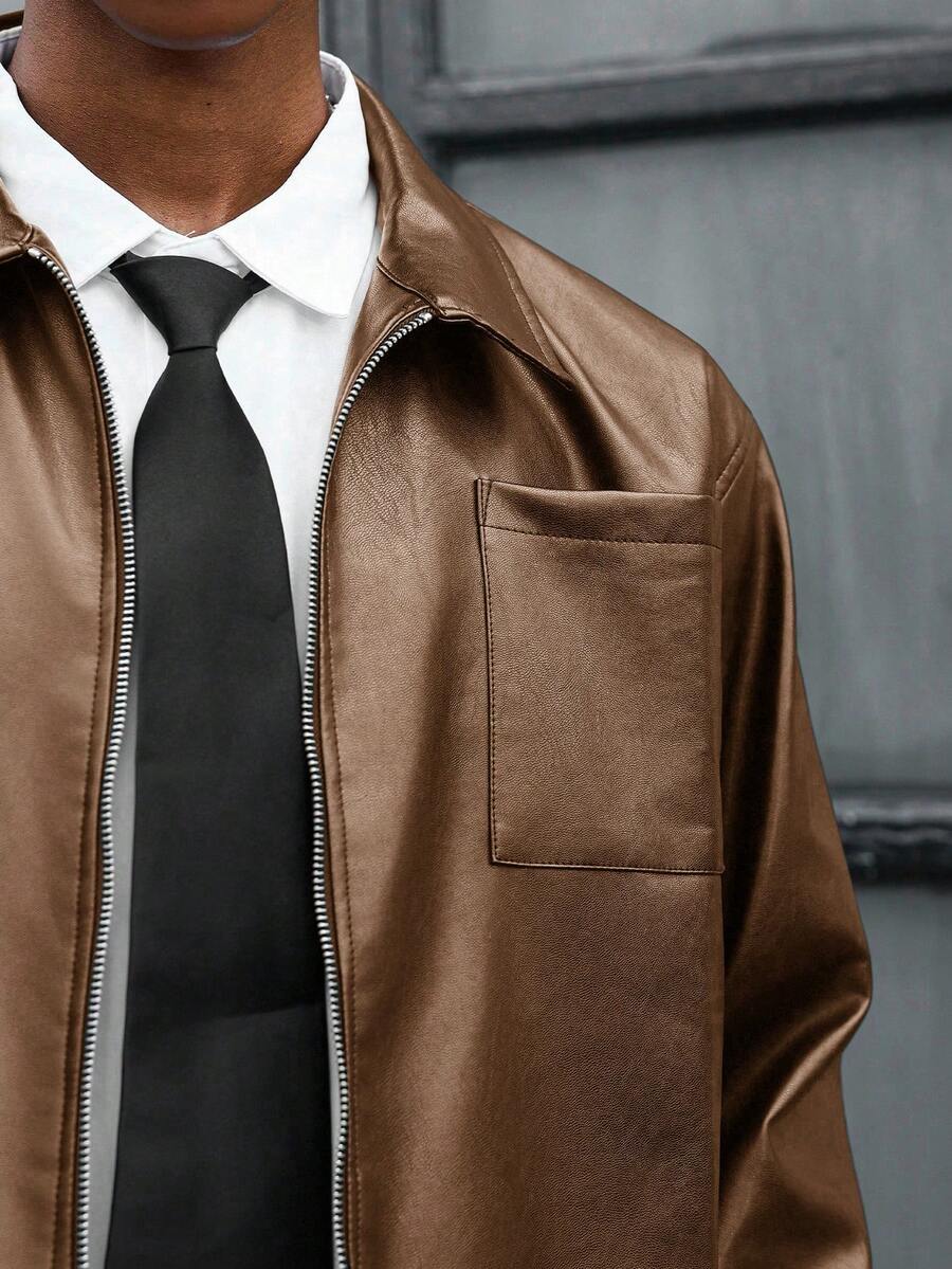 PAVTROS Manfinity Streetrush Men's Short Zip-Up PU Leather Jacket, Black Leather Jacket Men Cropped Leather Jacket Men Leather Outerwear Black Leather Jacket Faux Leather Jacket Men Cropped Zip Up Jacket Cropped Faux Leather Jacket Streetwear Jacket Faux