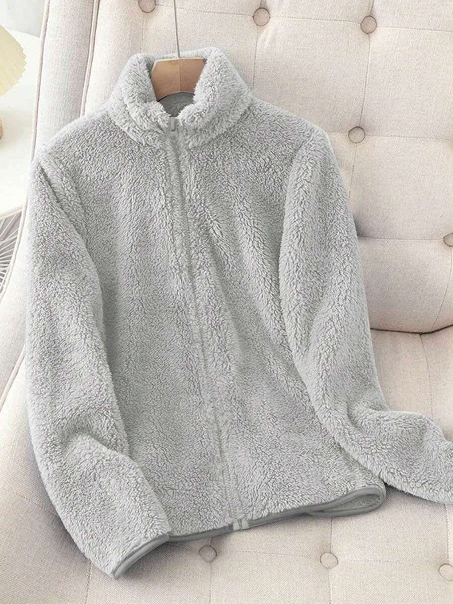 Women's Solid Color Thick Warm Double-Sided Fleece Zip-Up Jacket, Winter