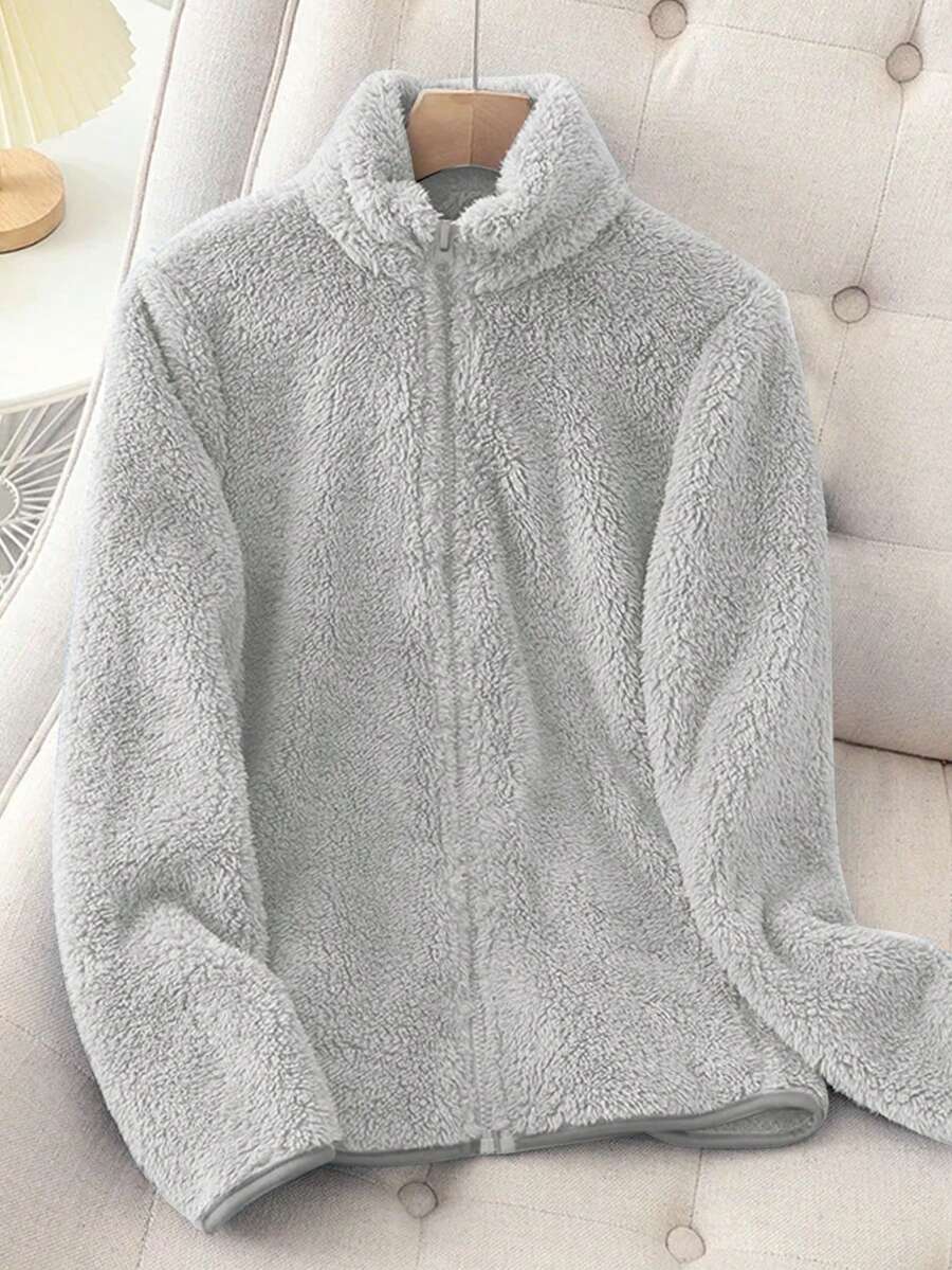 Women's Solid Color Thick Warm Double-Sided Fleece Zip-Up Jacket, Winter