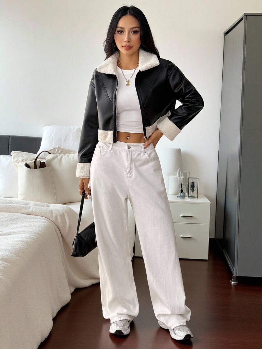 SHEIN PETITE 1pc Women Casual Fuzzy Trim Zip-Up Jacket, Autumn Bomber Jacket