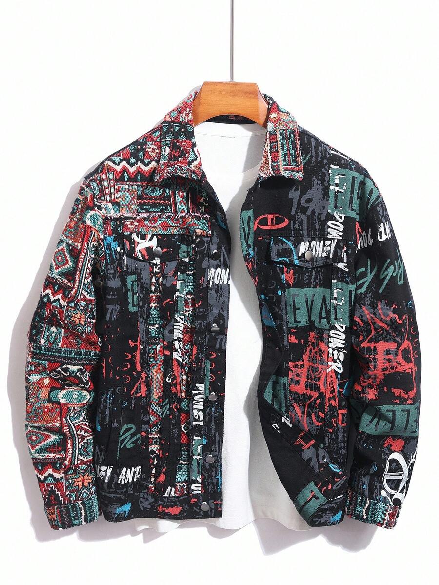 Manfinity Homme Men's Casual Geometric Pattern Patchwork Loose Denim Jacket, Autumn