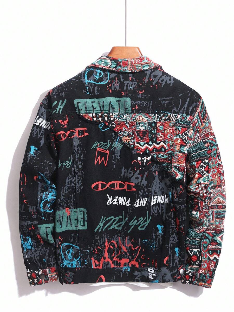 Manfinity Homme Men's Casual Geometric Pattern Patchwork Loose Denim Jacket, Autumn