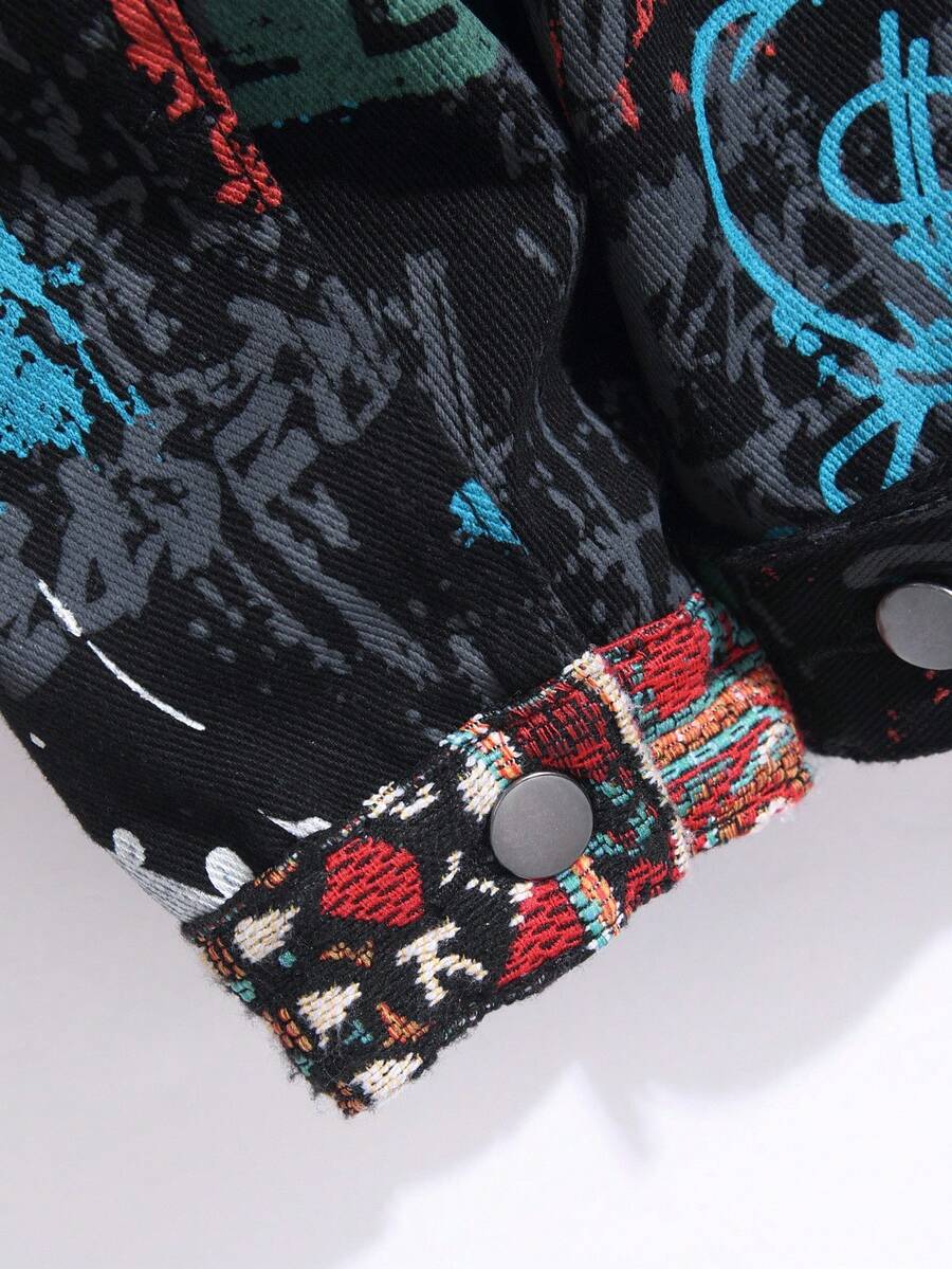 Manfinity Homme Men's Casual Geometric Pattern Patchwork Loose Denim Jacket, Autumn