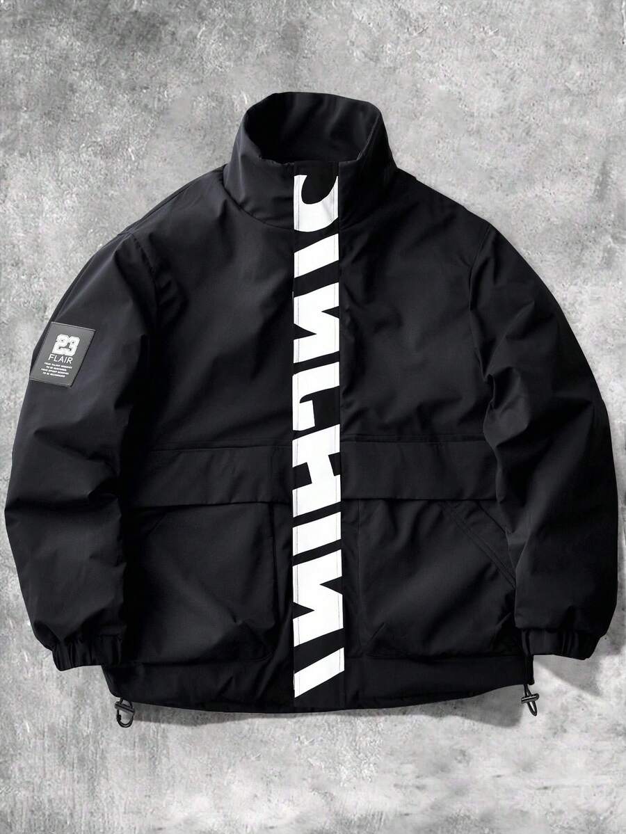 Manfinity Sporsity Men's Casual Versatile Sporty Stand Collar Jacket, Large Graphic Print, Young Couple Style, Large Pockets, Autumn/Winter Jacket Zipup Jacket Windbreaker Jacket Streetwear Jacket Techwear Jacket