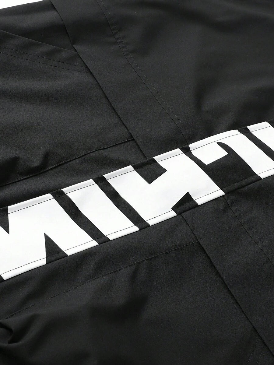 Manfinity Sporsity Men's Casual Versatile Sporty Stand Collar Jacket, Large Graphic Print, Young Couple Style, Large Pockets, Autumn/Winter Jacket Zipup Jacket Windbreaker Jacket Streetwear Jacket Techwear Jacket