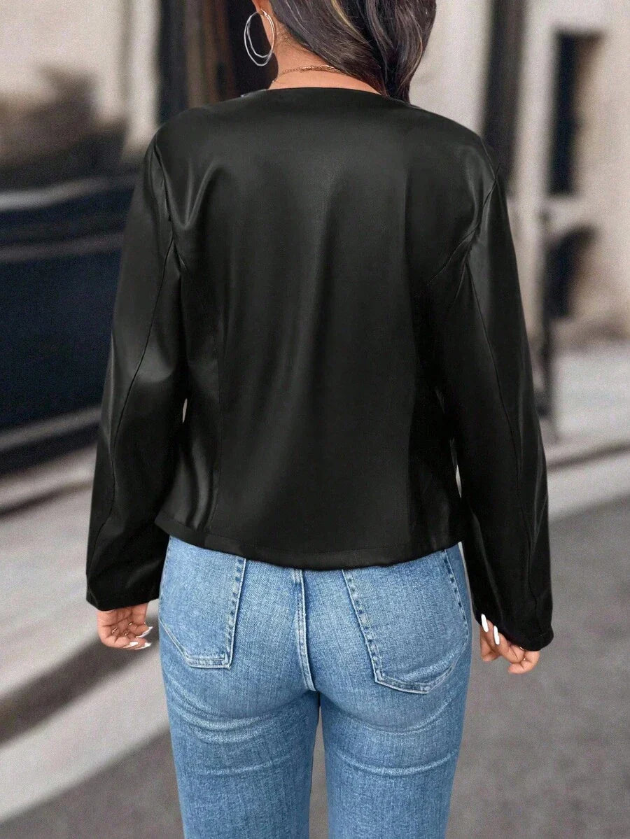 SHEIN PETITE Petite Women Casual Street Style Cropped PU Leather Jacket
