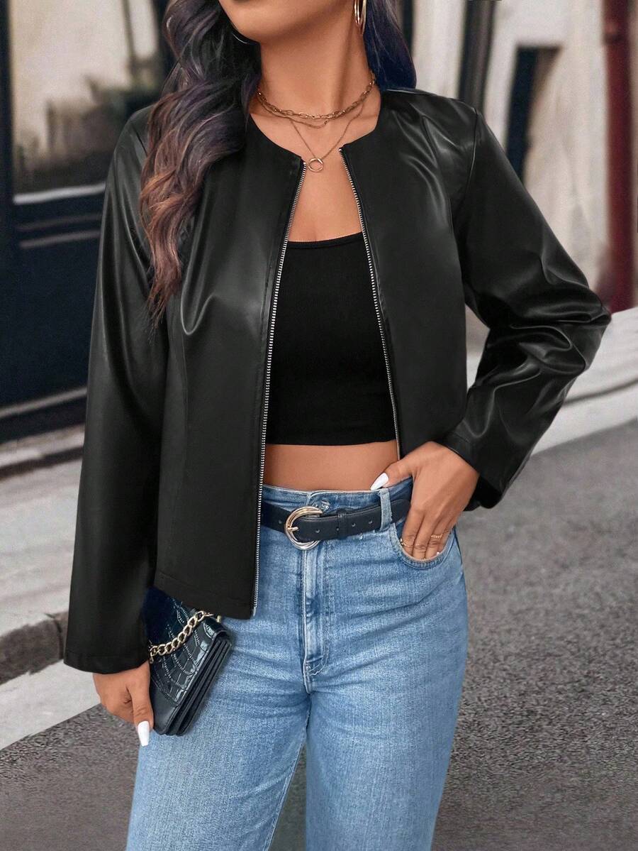 SHEIN PETITE Petite Women Casual Street Style Cropped PU Leather Jacket
