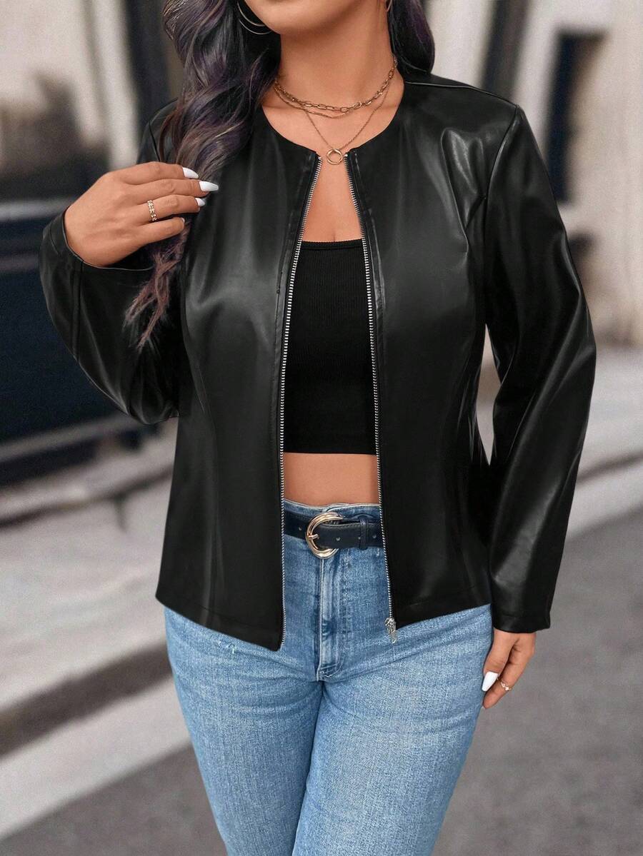 SHEIN PETITE Petite Women Casual Street Style Cropped PU Leather Jacket