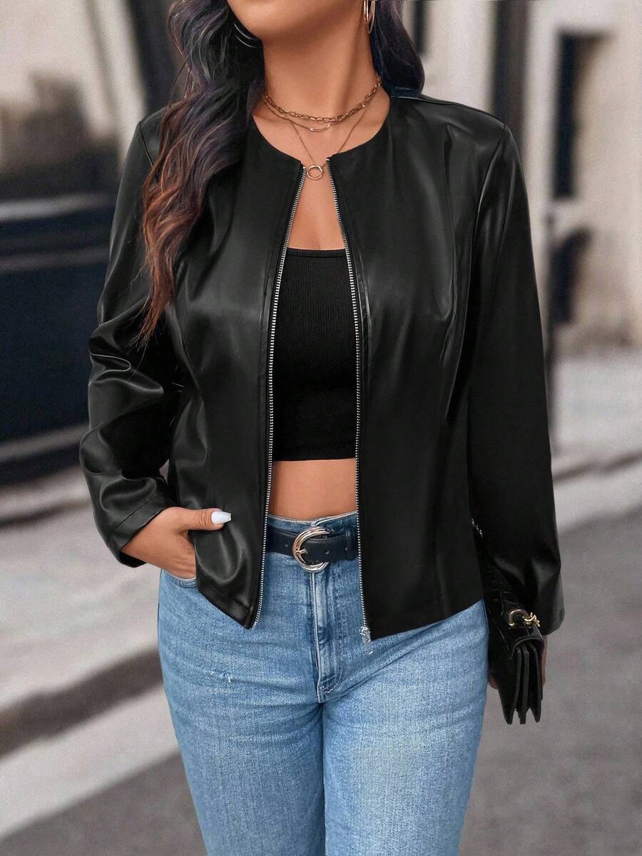 SHEIN PETITE Petite Women Casual Street Style Cropped PU Leather Jacket