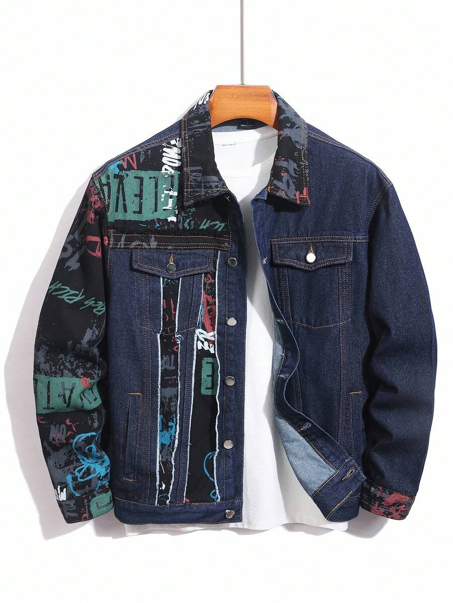 Manfinity Homme Men's Casual Geometric Pattern Patchwork Loose Denim Jacket, Autumn