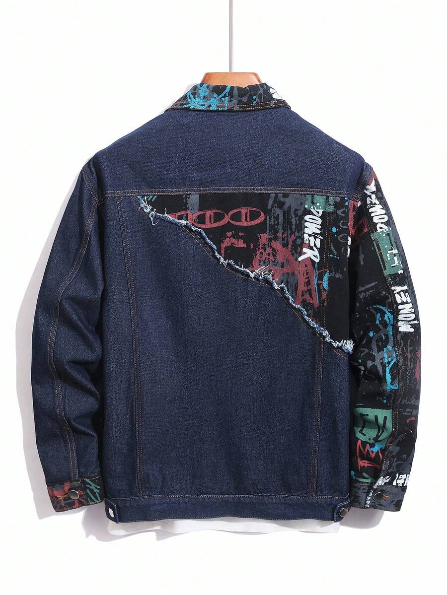 Manfinity Homme Men's Casual Geometric Pattern Patchwork Loose Denim Jacket, Autumn