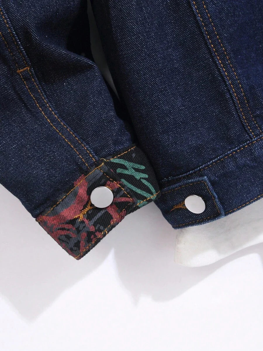 Manfinity Homme Men's Casual Geometric Pattern Patchwork Loose Denim Jacket, Autumn
