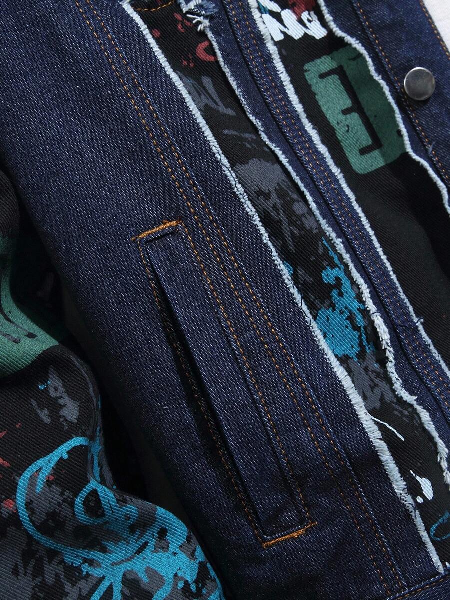 Manfinity Homme Men's Casual Geometric Pattern Patchwork Loose Denim Jacket, Autumn