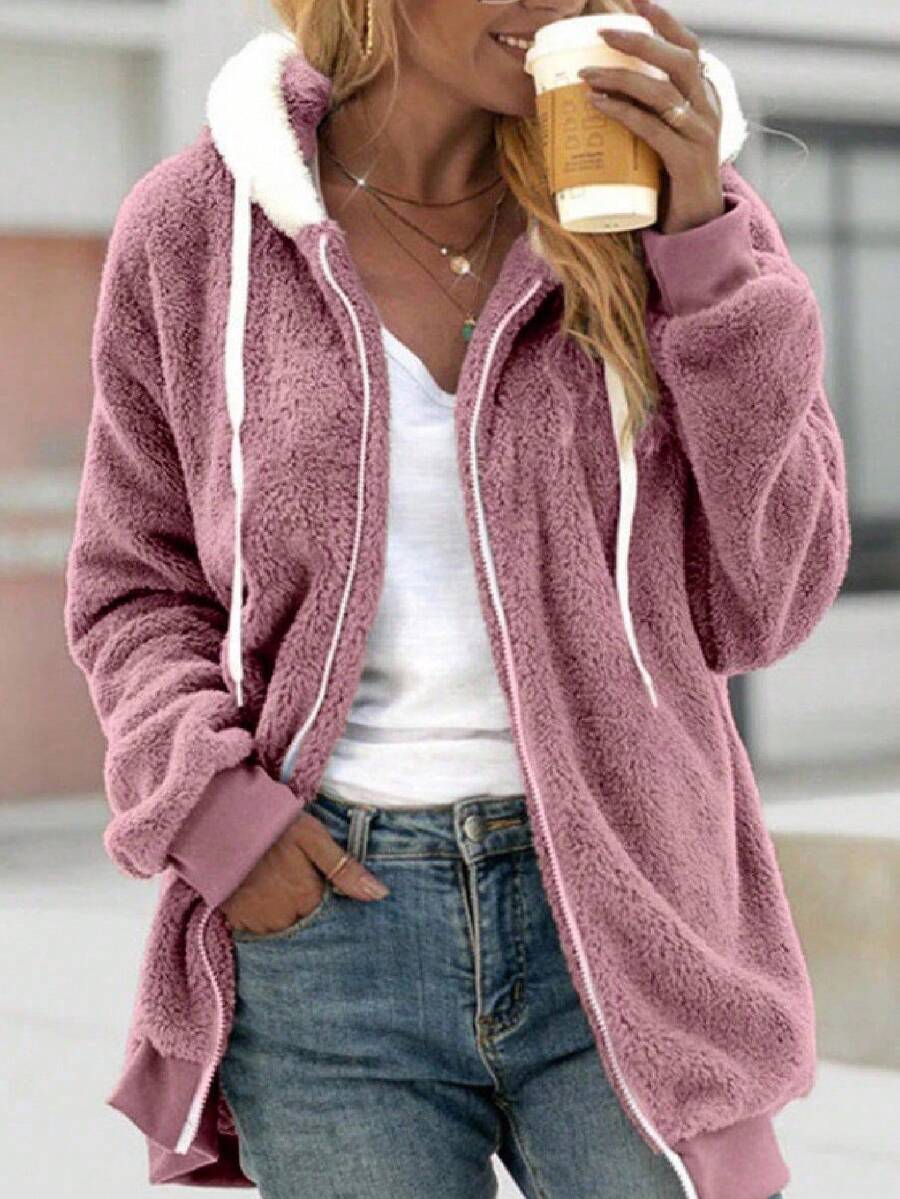 INAWLY Women's Zip-Up Drawstring Hooded Fleece Jacket, Regular Fit, Autumn/Winter