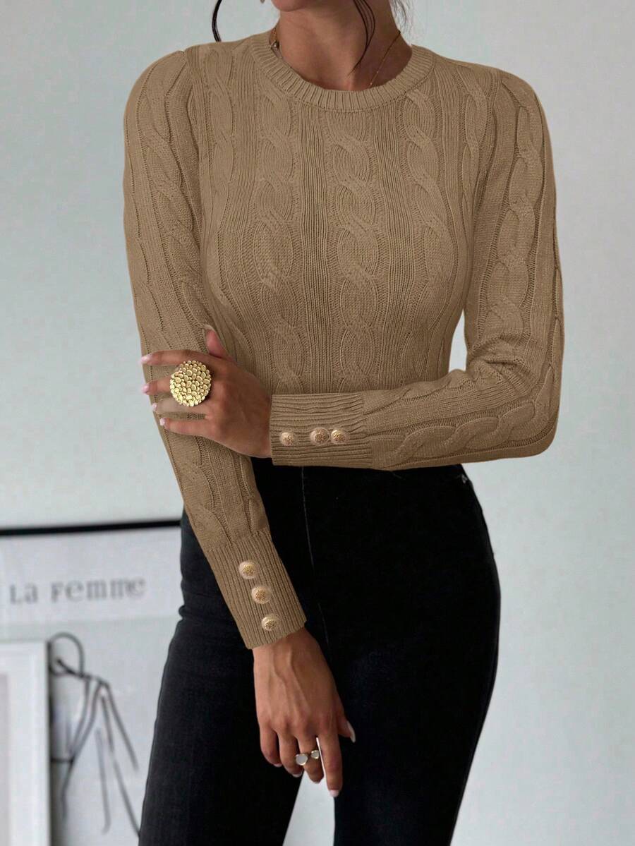 Firerie Women's Elegant Casual College Style Versatile White Crew Neck Cable Knit Button Decor Fitted Sweater