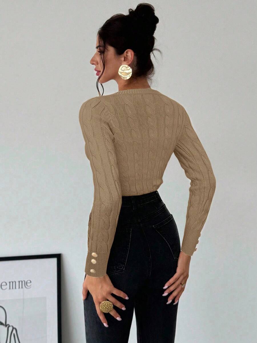Firerie Women's Elegant Casual College Style Versatile White Crew Neck Cable Knit Button Decor Fitted Sweater