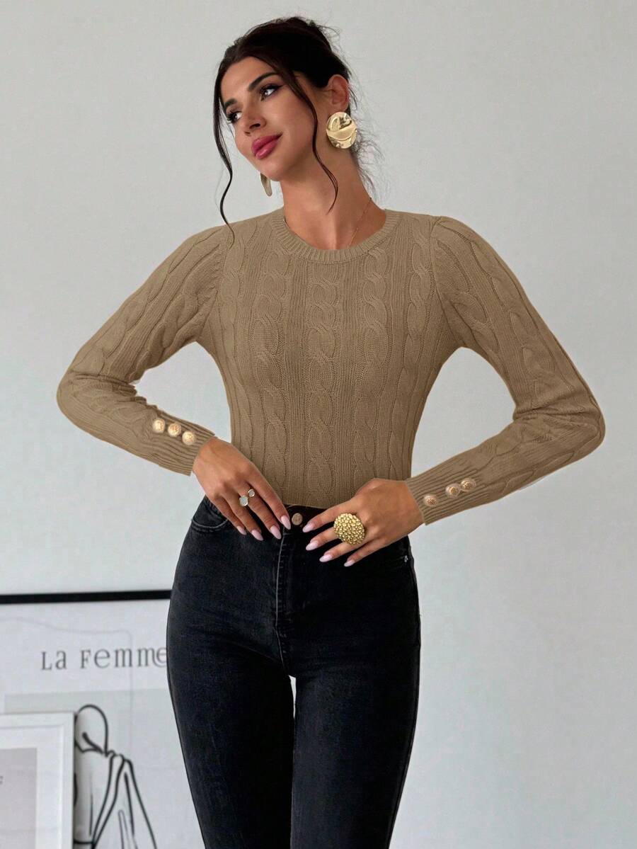 Firerie Women's Elegant Casual College Style Versatile White Crew Neck Cable Knit Button Decor Fitted Sweater