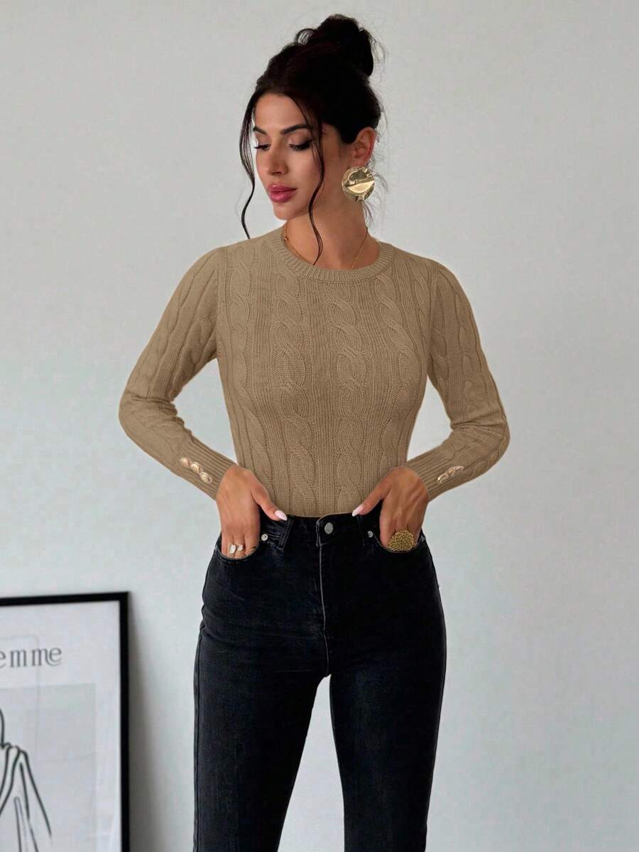 Firerie Women's Elegant Casual College Style Versatile White Crew Neck Cable Knit Button Decor Fitted Sweater