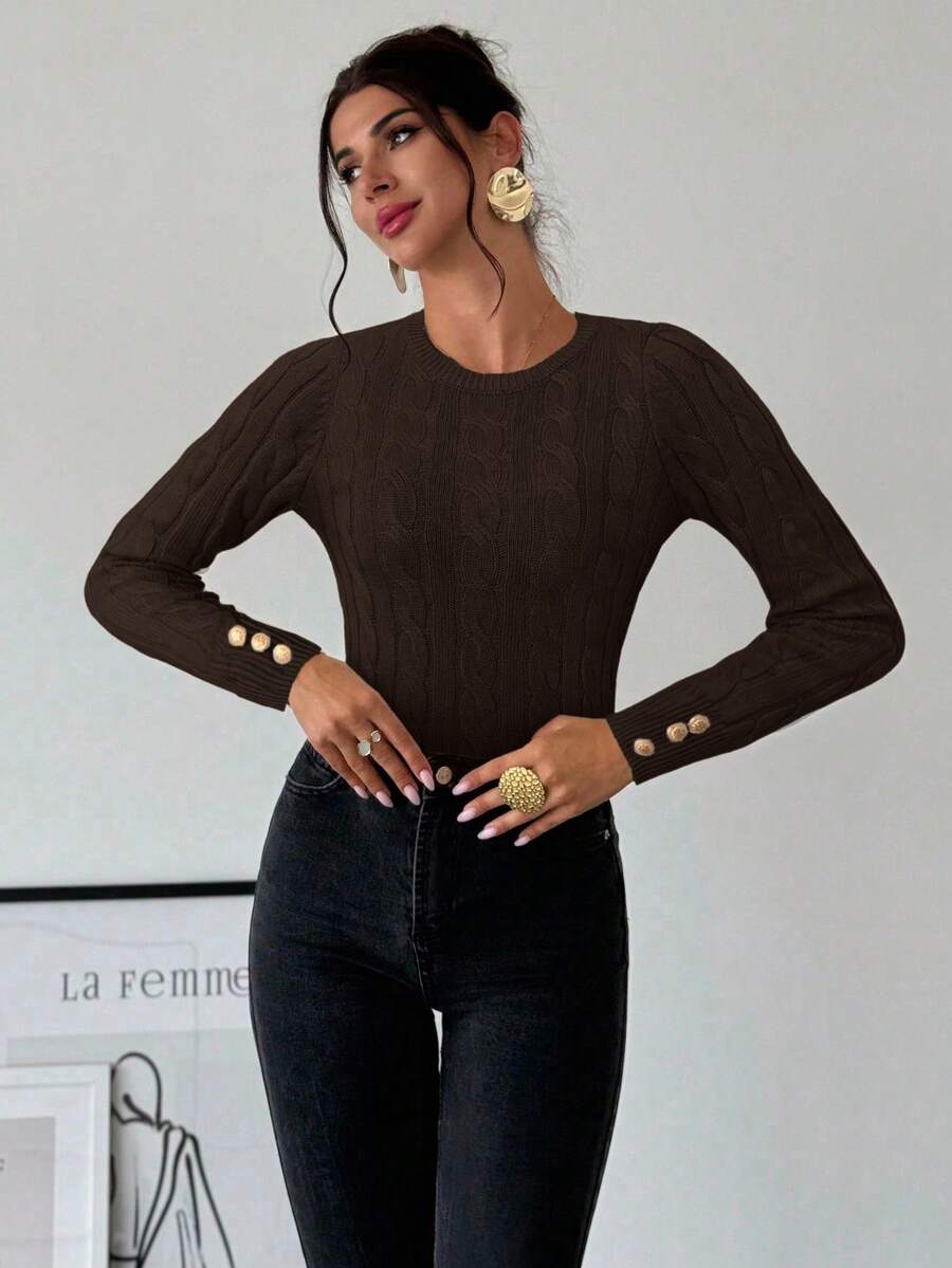 Firerie Women's Elegant Casual College Style Versatile White Crew Neck Cable Knit Button Decor Fitted Sweater