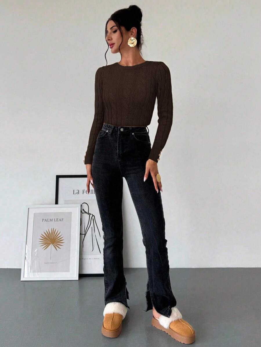 Firerie Women's Elegant Casual College Style Versatile White Crew Neck Cable Knit Button Decor Fitted Sweater
