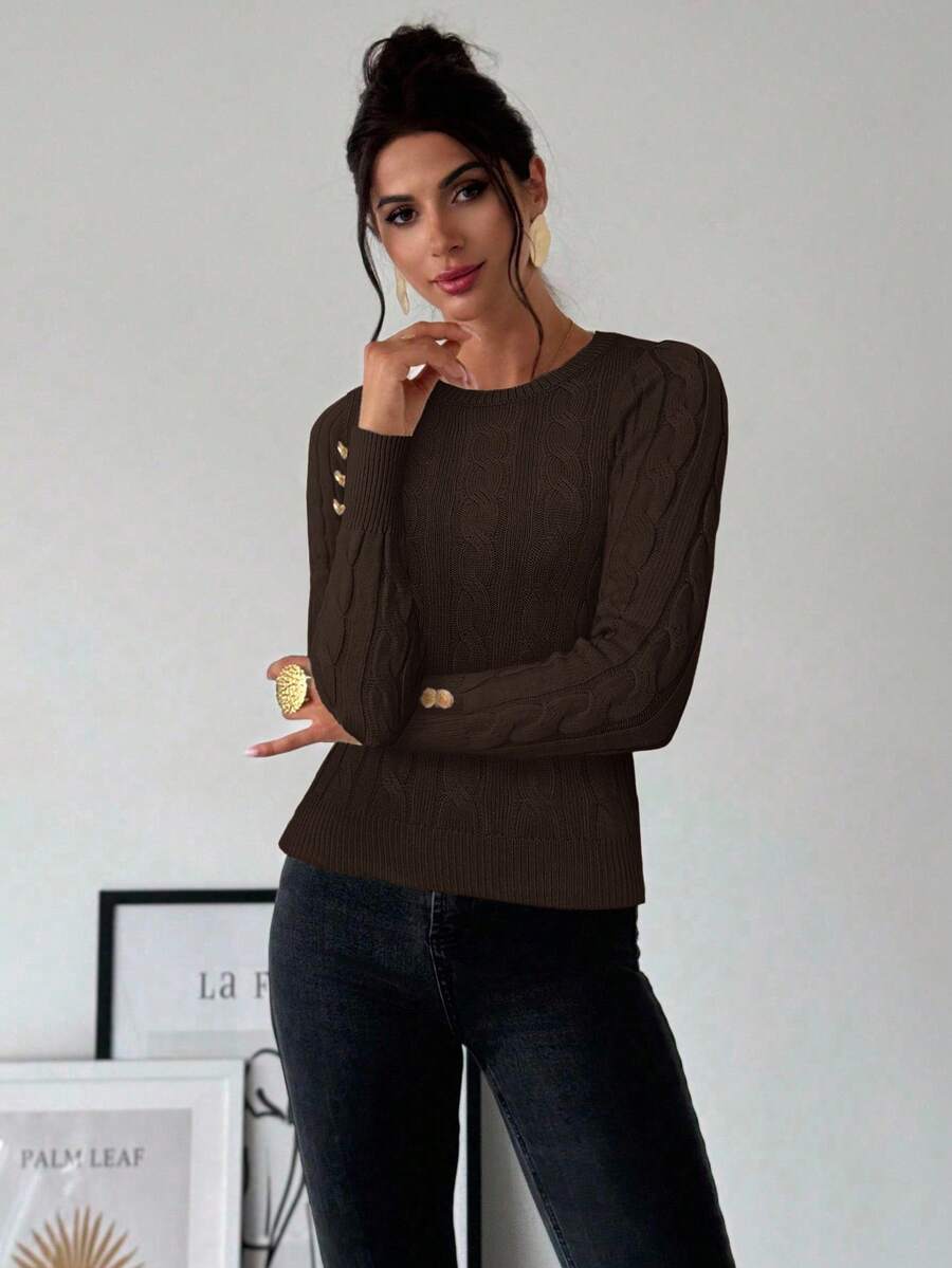 Firerie Women's Elegant Casual College Style Versatile White Crew Neck Cable Knit Button Decor Fitted Sweater