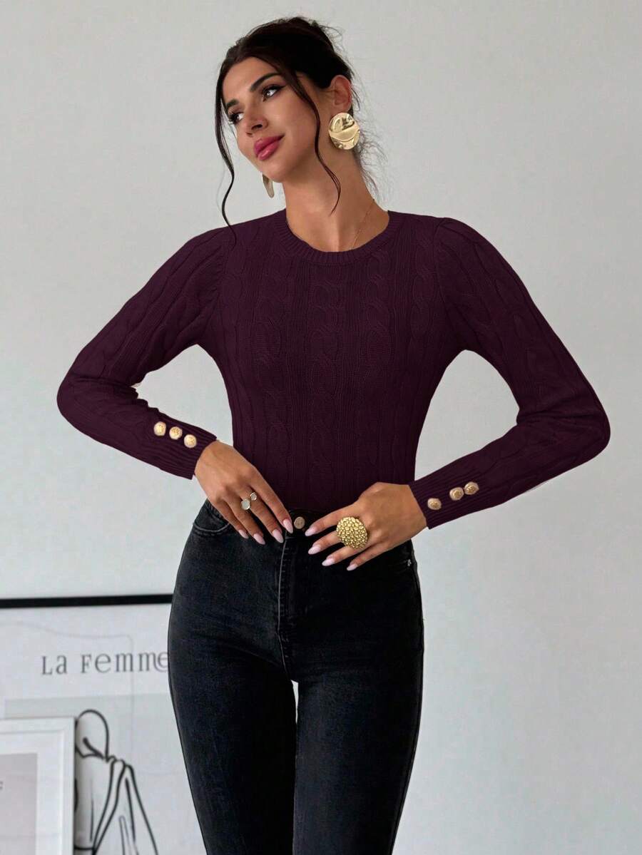 Firerie Women's Elegant Casual College Style Versatile White Crew Neck Cable Knit Button Decor Fitted Sweater