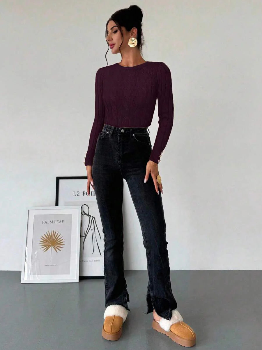 Firerie Women's Elegant Casual College Style Versatile White Crew Neck Cable Knit Button Decor Fitted Sweater