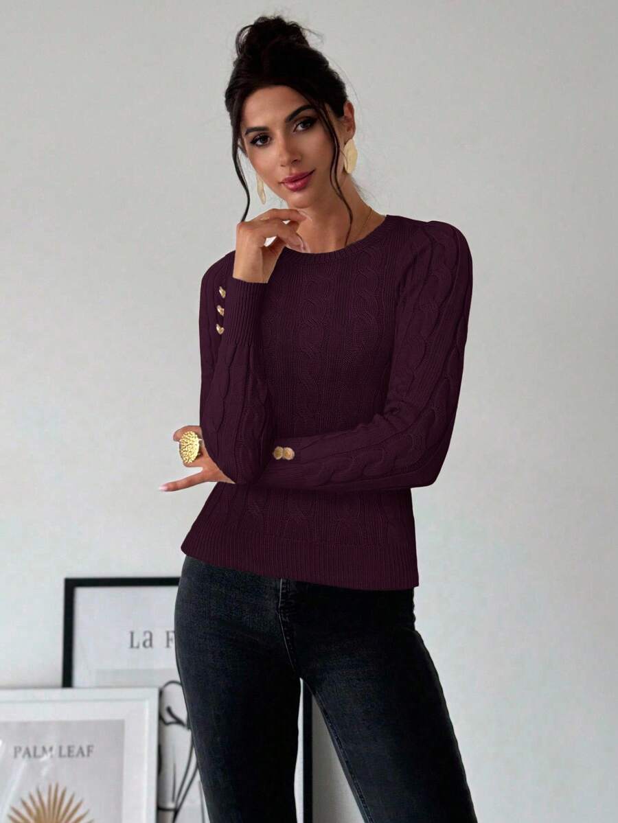Firerie Women's Elegant Casual College Style Versatile White Crew Neck Cable Knit Button Decor Fitted Sweater