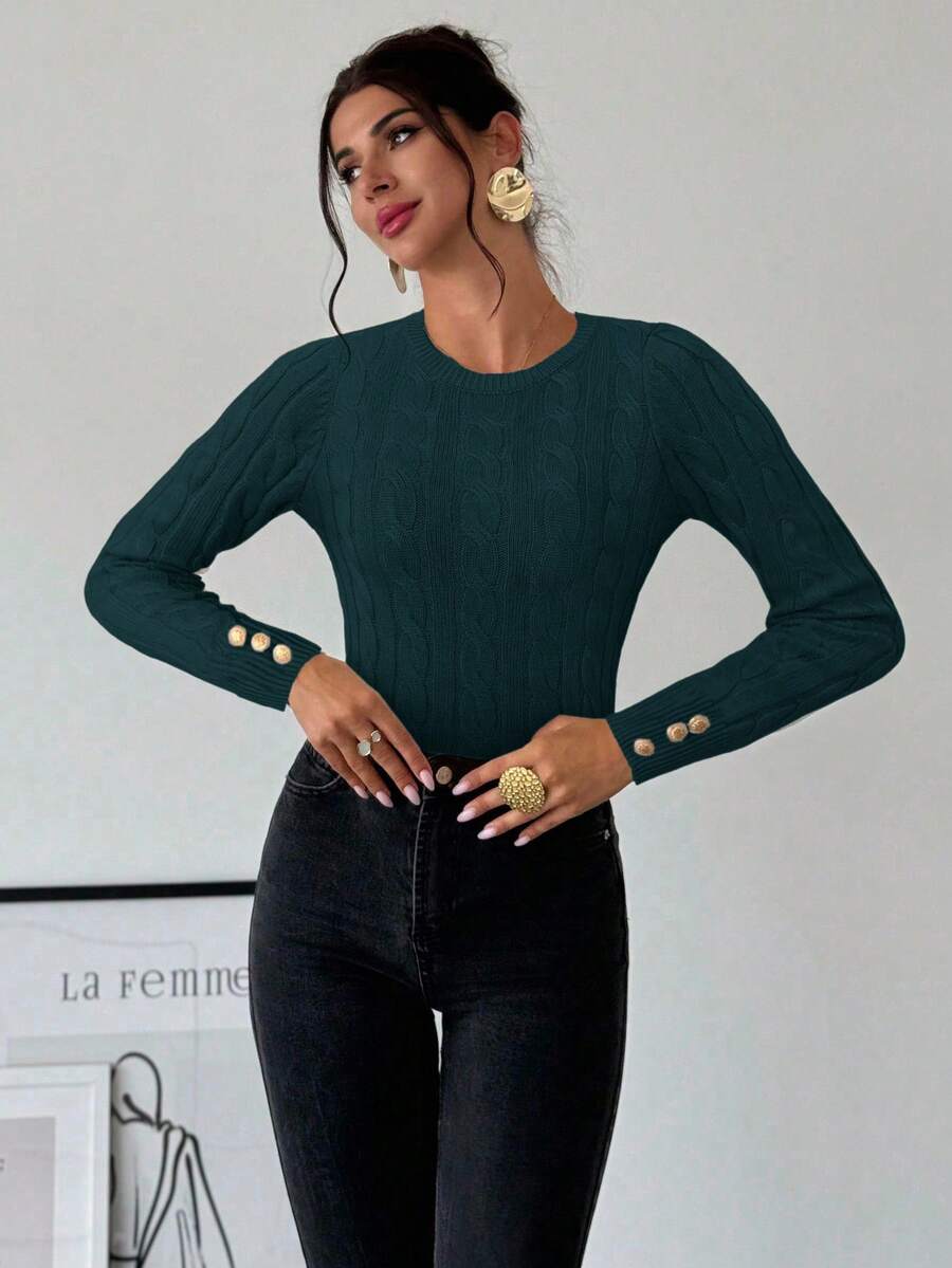 Firerie Women's Elegant Casual College Style Versatile White Crew Neck Cable Knit Button Decor Fitted Sweater