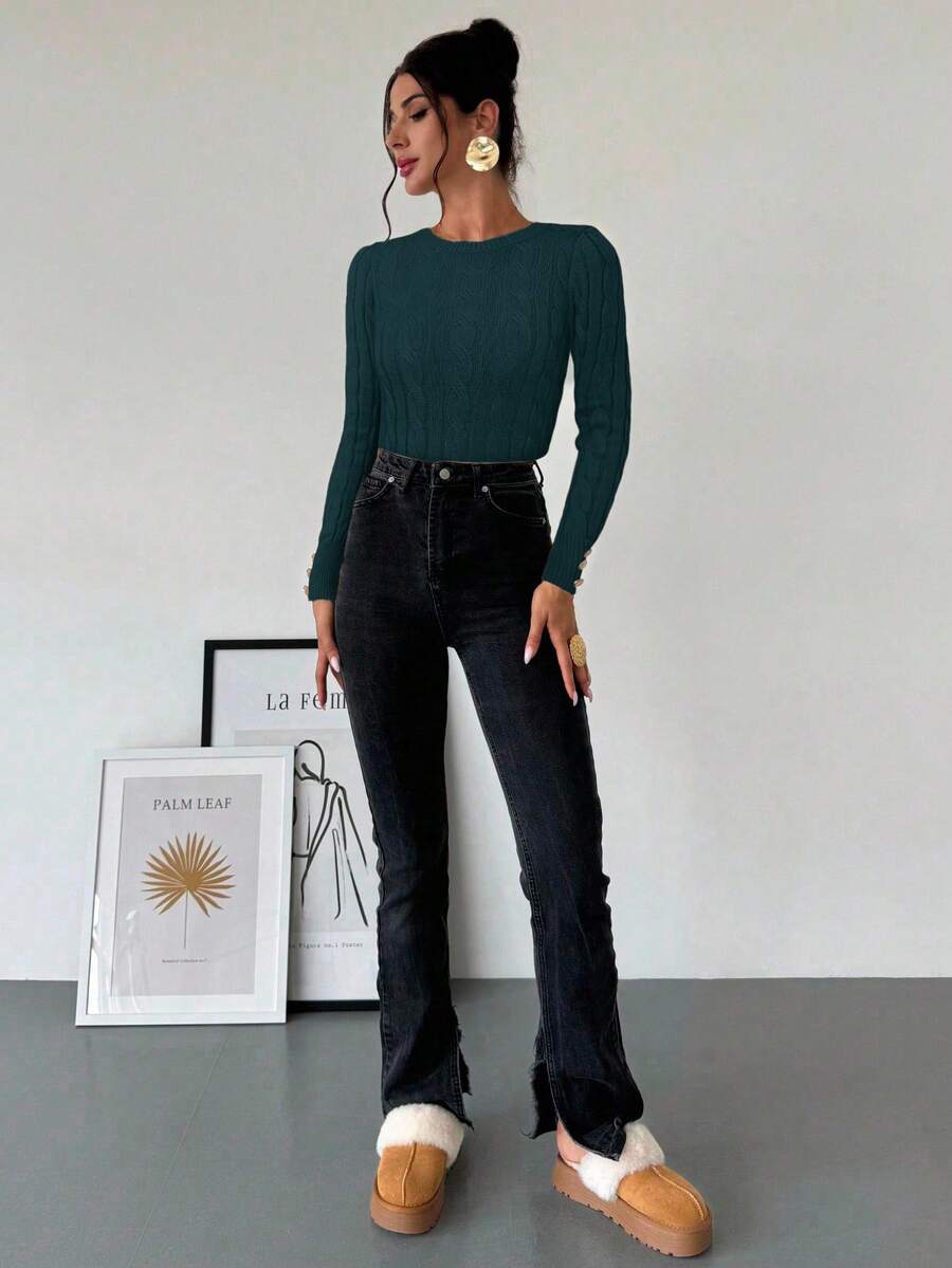 Firerie Women's Elegant Casual College Style Versatile White Crew Neck Cable Knit Button Decor Fitted Sweater