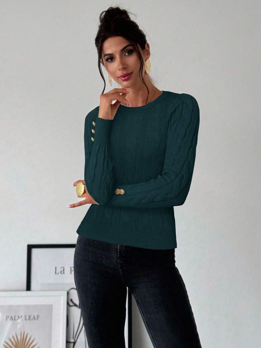 Firerie Women's Elegant Casual College Style Versatile White Crew Neck Cable Knit Button Decor Fitted Sweater