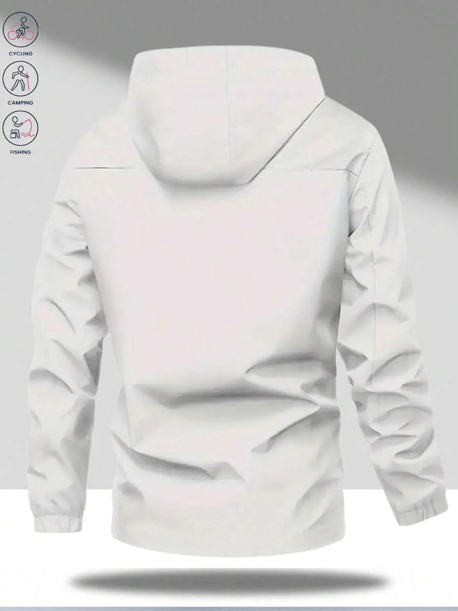 1pc Men's Lightweight Windproof Waterproof Hooded Jacket With Letter Print, Casual Outdoor Hiking Camping Workout, Autumn/Winter