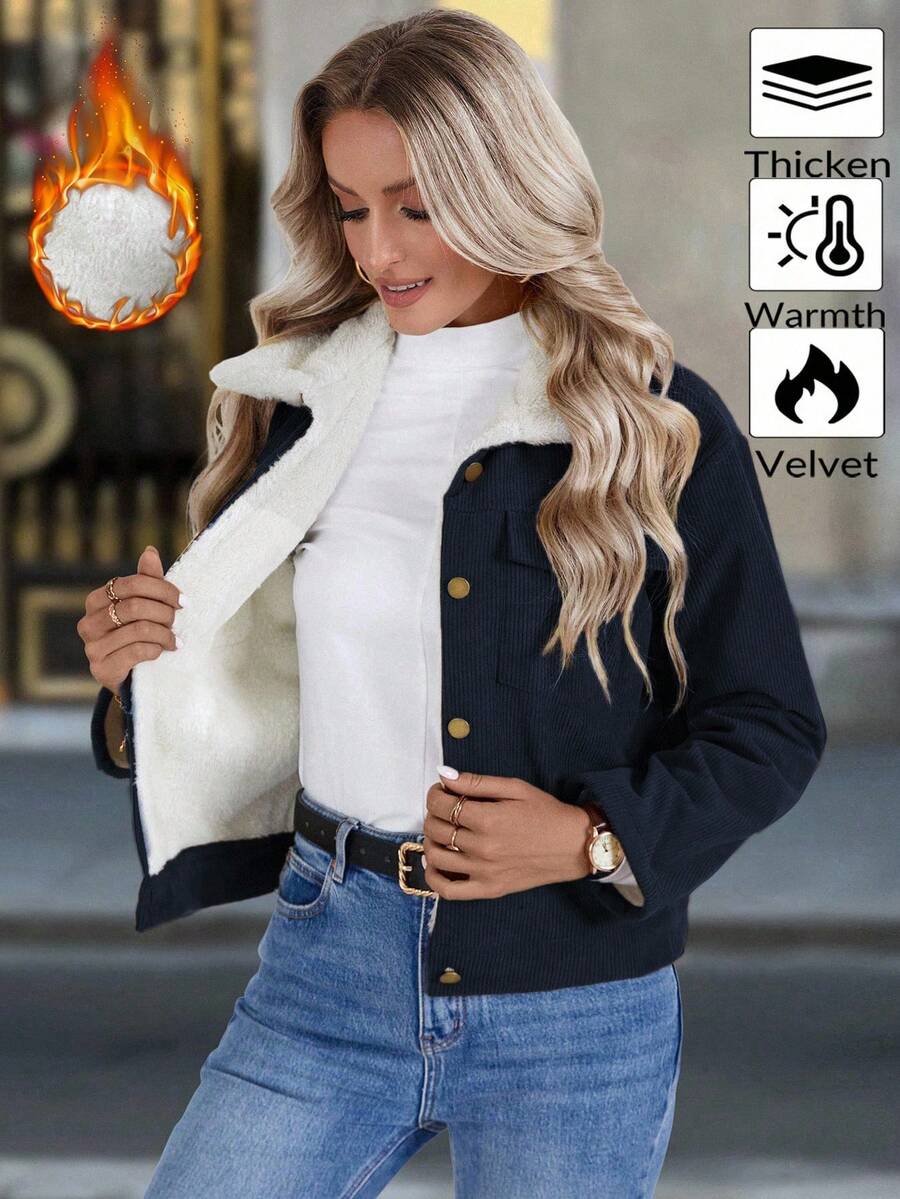 Louniche 1pc Solid Color Thermal Lined Front Zip Pocket Casual Long Sleeve Jacket Fall Winter Cloth For Women