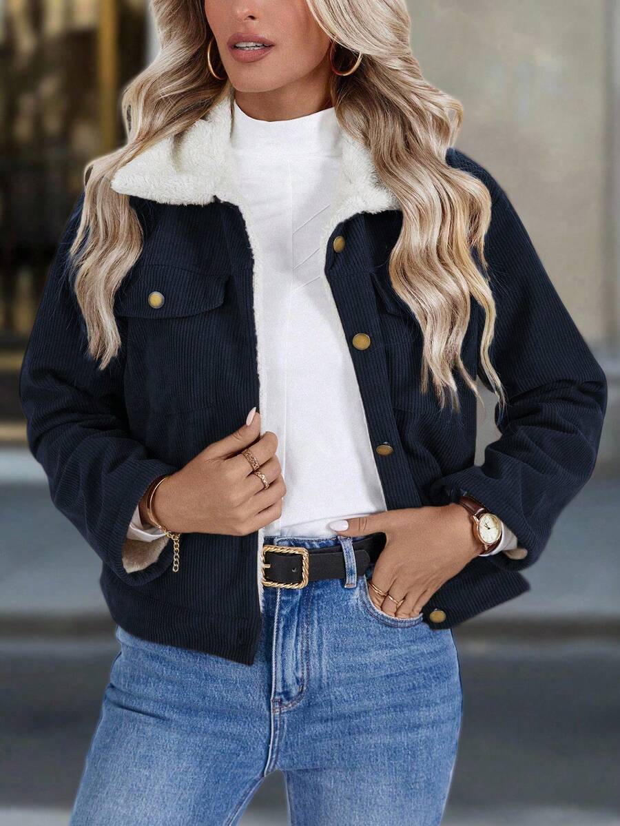 Louniche 1pc Solid Color Thermal Lined Front Zip Pocket Casual Long Sleeve Jacket Fall Winter Cloth For Women