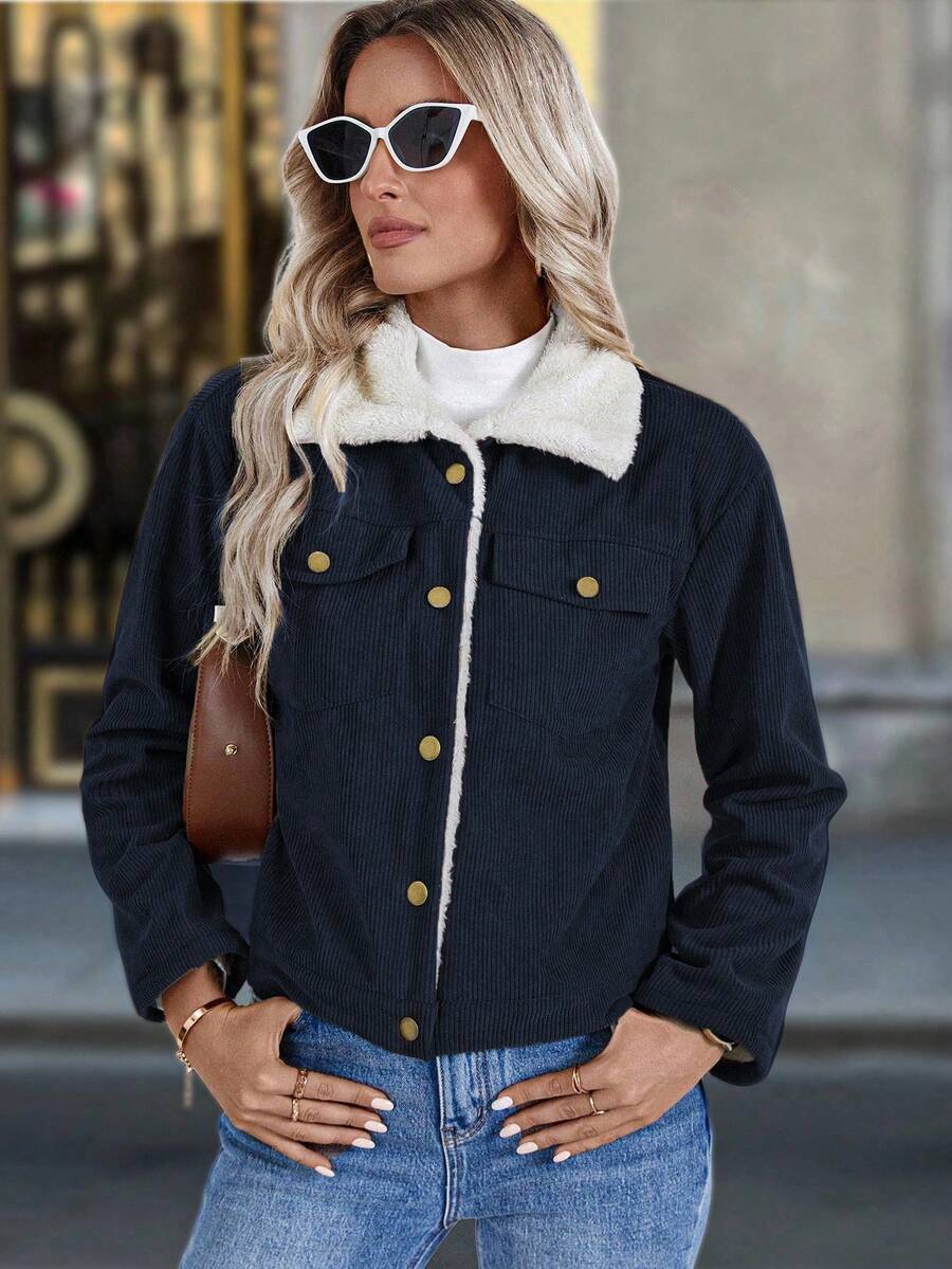 Louniche 1pc Solid Color Thermal Lined Front Zip Pocket Casual Long Sleeve Jacket Fall Winter Cloth For Women
