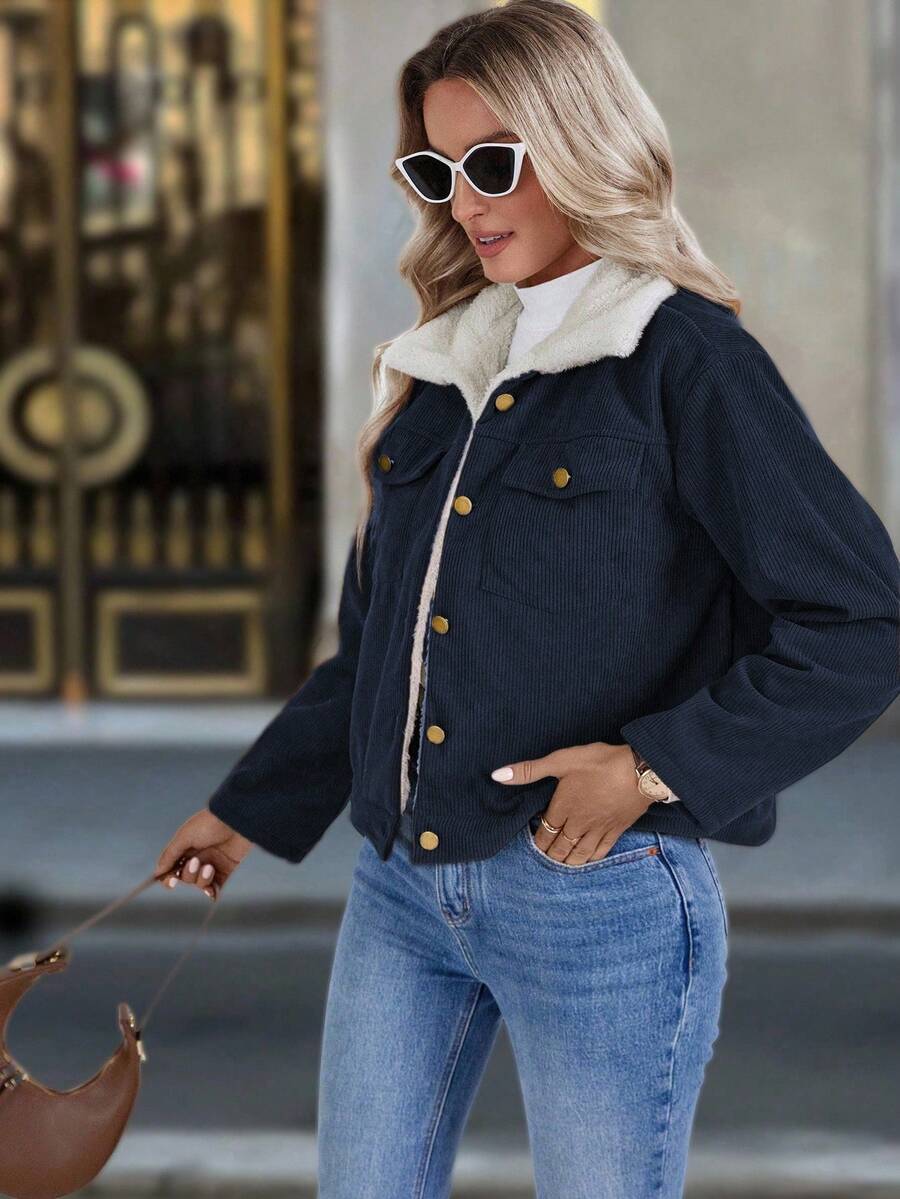 Louniche 1pc Solid Color Thermal Lined Front Zip Pocket Casual Long Sleeve Jacket Fall Winter Cloth For Women