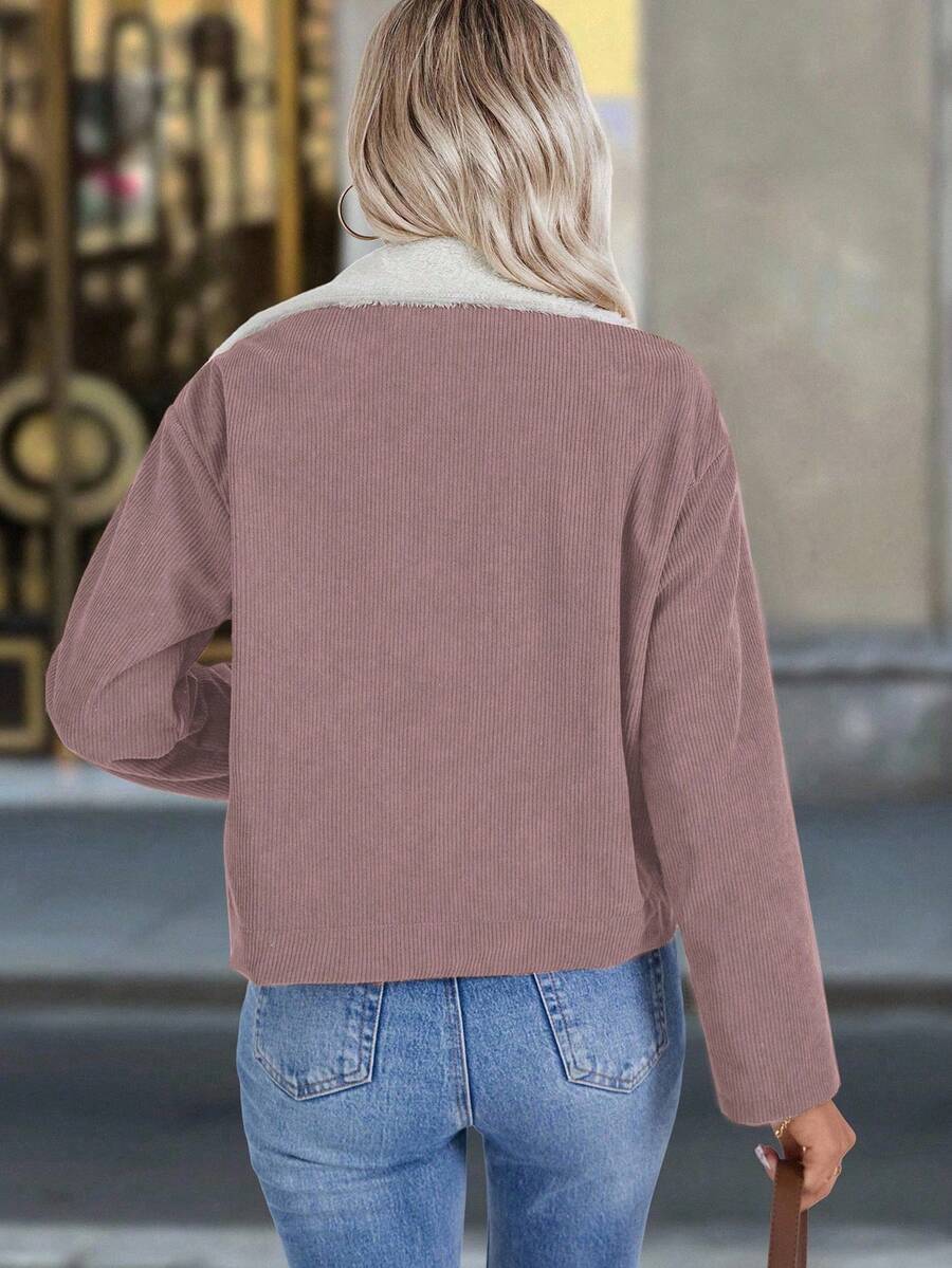 Louniche 1pc Solid Color Thermal Lined Front Zip Pocket Casual Long Sleeve Jacket Fall Winter Cloth For Women