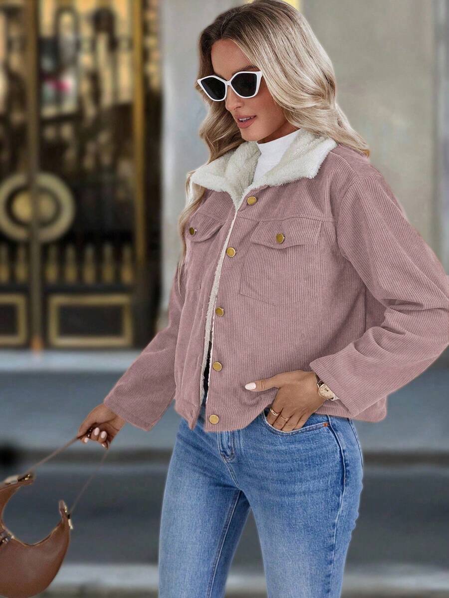 Louniche 1pc Solid Color Thermal Lined Front Zip Pocket Casual Long Sleeve Jacket Fall Winter Cloth For Women